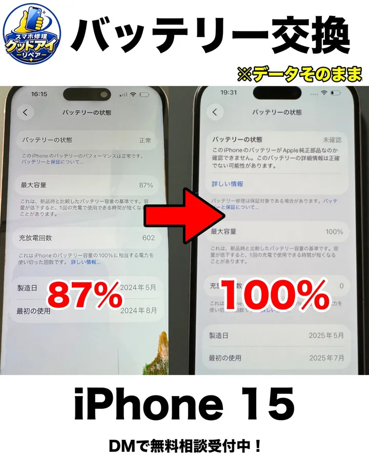 iPhone 15のバッテリー交換。最大容量87%(左)から100%(右)へ